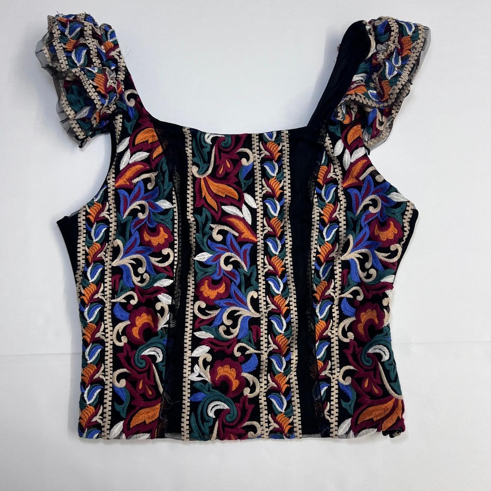 Embroidered Multicolor Crop Top with Ruffled Straps